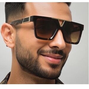 Bold Oversized Square Sunglasses Tortoise Shell Gold Trim UV400 Protection Men